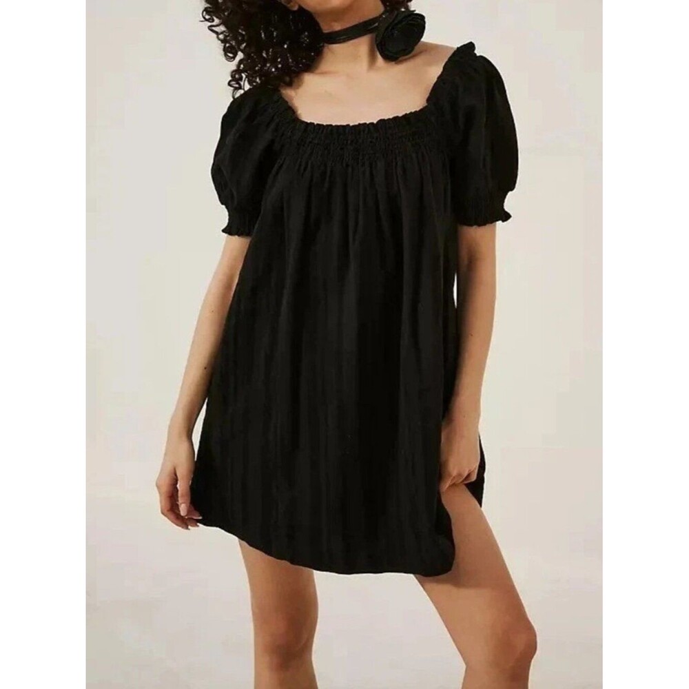 Free People Free-Est Mila Mini Dress Smocked Puff Sleeve Striped Black M 289809